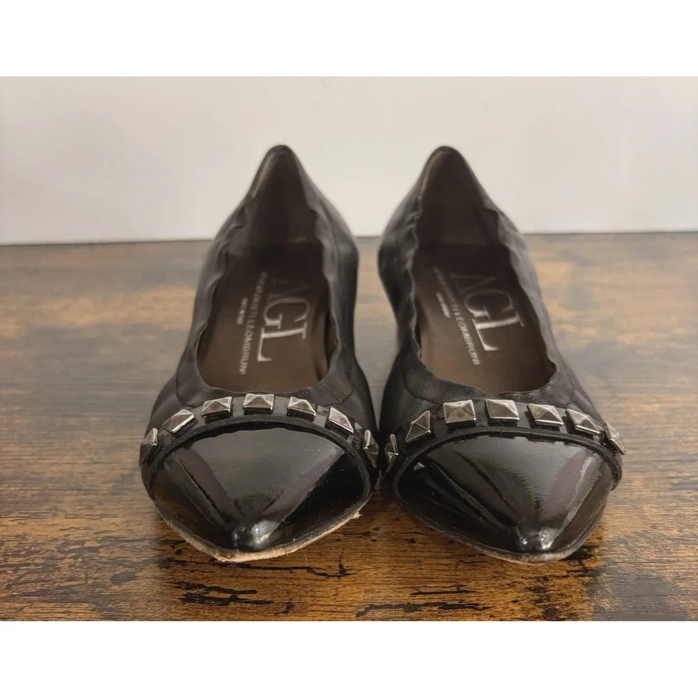 AGL Leather Pumps Womens Sz 6 Black‎ Low Heel Metal Accent Classic